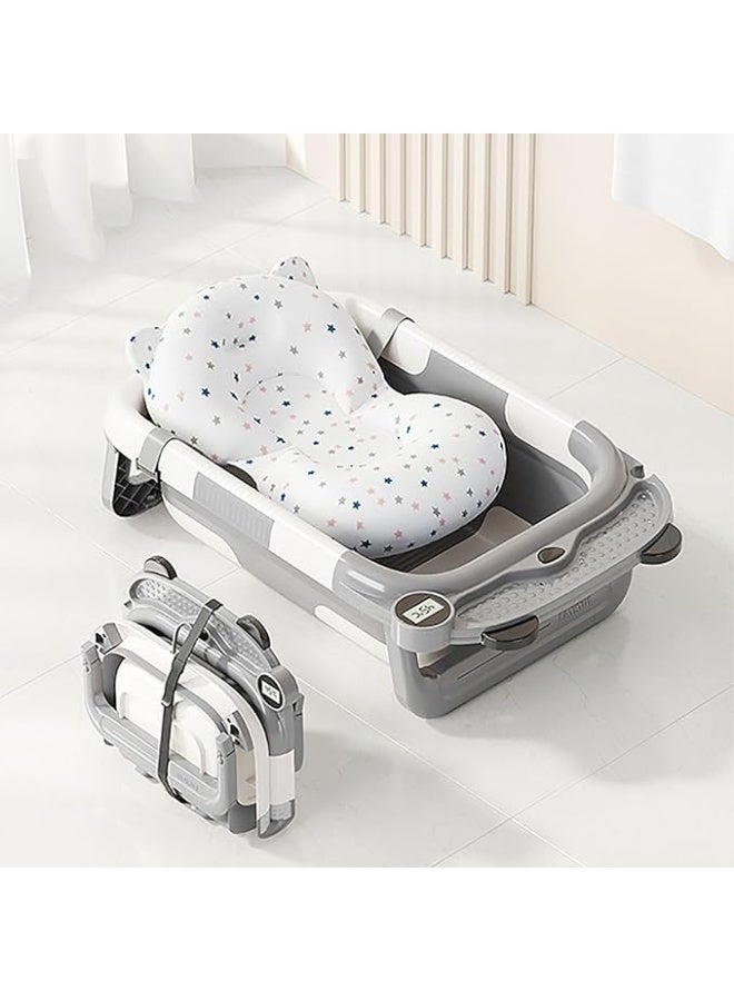 بيت الشاي حوض استحمام للأطفال حديثي الولادة مع مقياس حرارة ووسادة عائمة ناعمة، حوض استحمام محمول للسفر مع فتحة تصريف، أحواض استحمام متينة قابلة للطي للأطفال الرضع والأطفال الصغار - Image 1